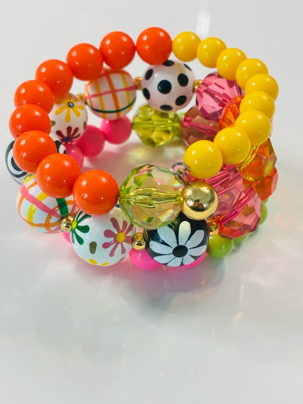 Colorful Beaded Wire Bracelet Stack - Yellow, Orange, Pink, Green & Gold EUC